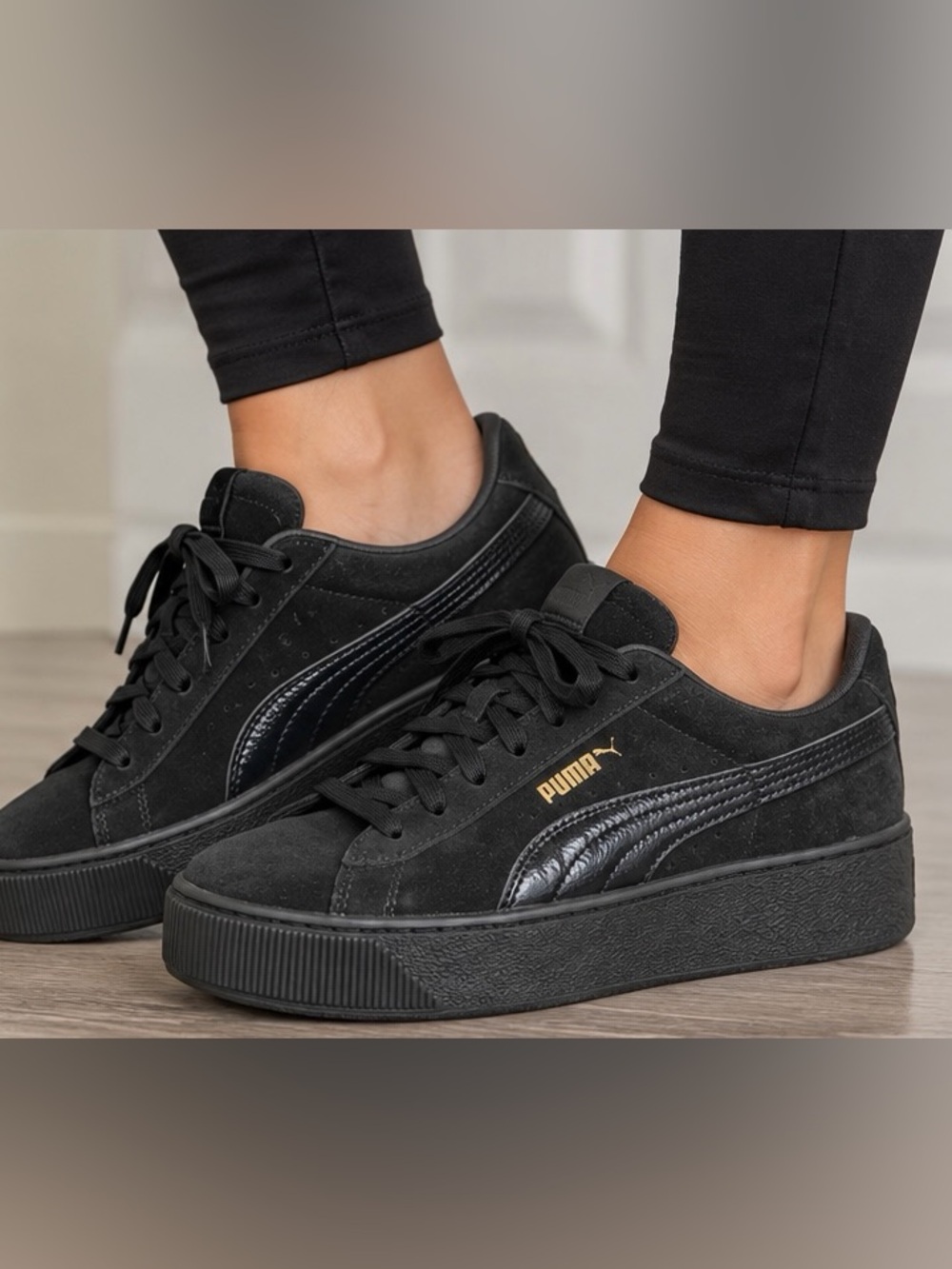 Puma Women’s Black Suede Platform Sneakers with Glossy Black Formstrip